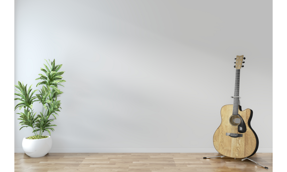 Violão apoiado em uma parede e um vaso com planta.