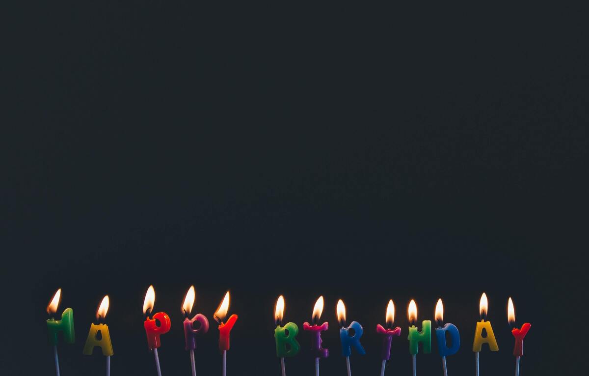 Bolo de aniversário com velas escrito "Feliz Aniversário" em inglês.