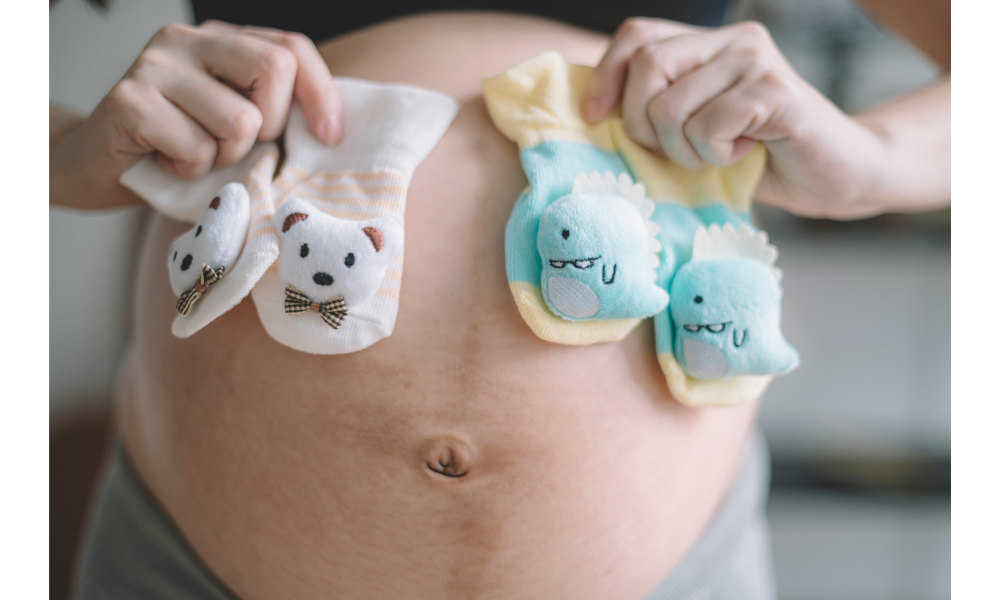 Mulher gestante com duas meias de bebê sobre a barriga - gêmeos.