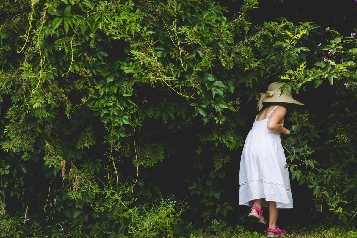 Mulher usando um vestido branco cercada por plantas.