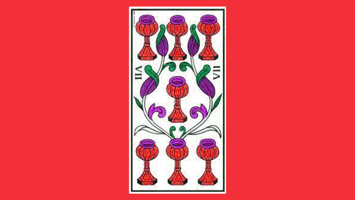 Carta 7 de Copas do Tarot em fundo vermelho