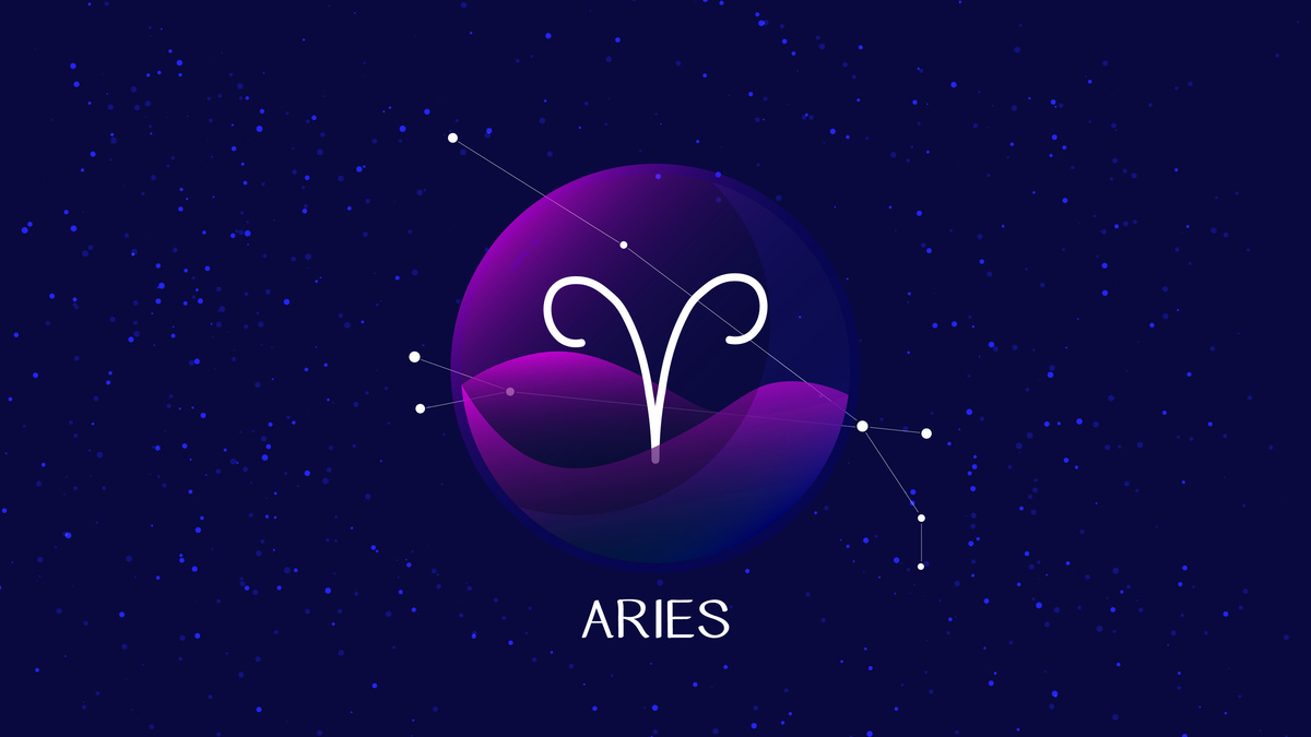 Símbolo do signo de Áries em fundo azul e roxo estrelado