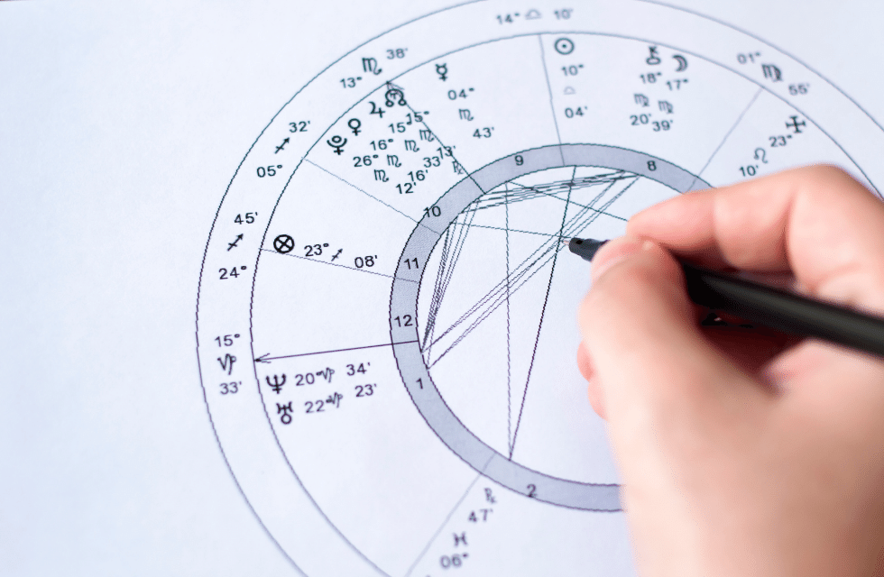 Mapa astral em papel com cálculos sendo feitos a lápis