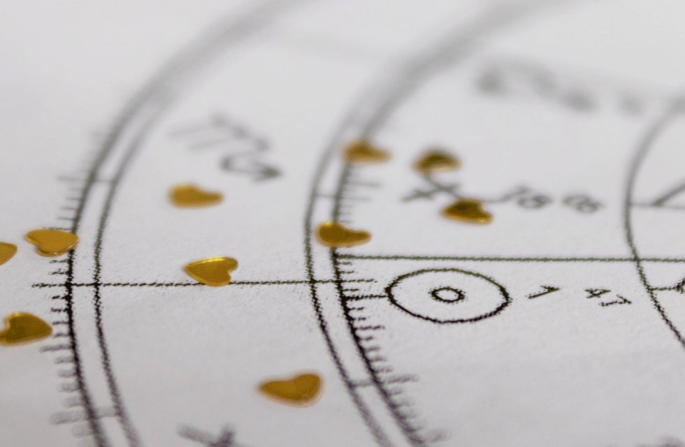 Mapa Astral impresso em uma folha de papel, mostrando o posicionamento de Sol em Peixes