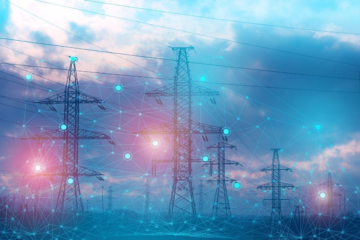 Ilustração de estrutura de distribuição de energia elétrica como uma conexão, com linhas azuis em neon