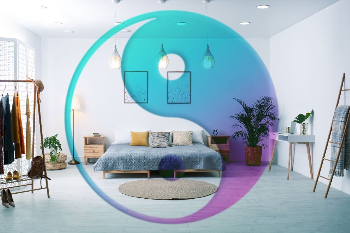 Quarto com interior elegante e o símbolo do Yin Yang. Filosofia Feng Shui