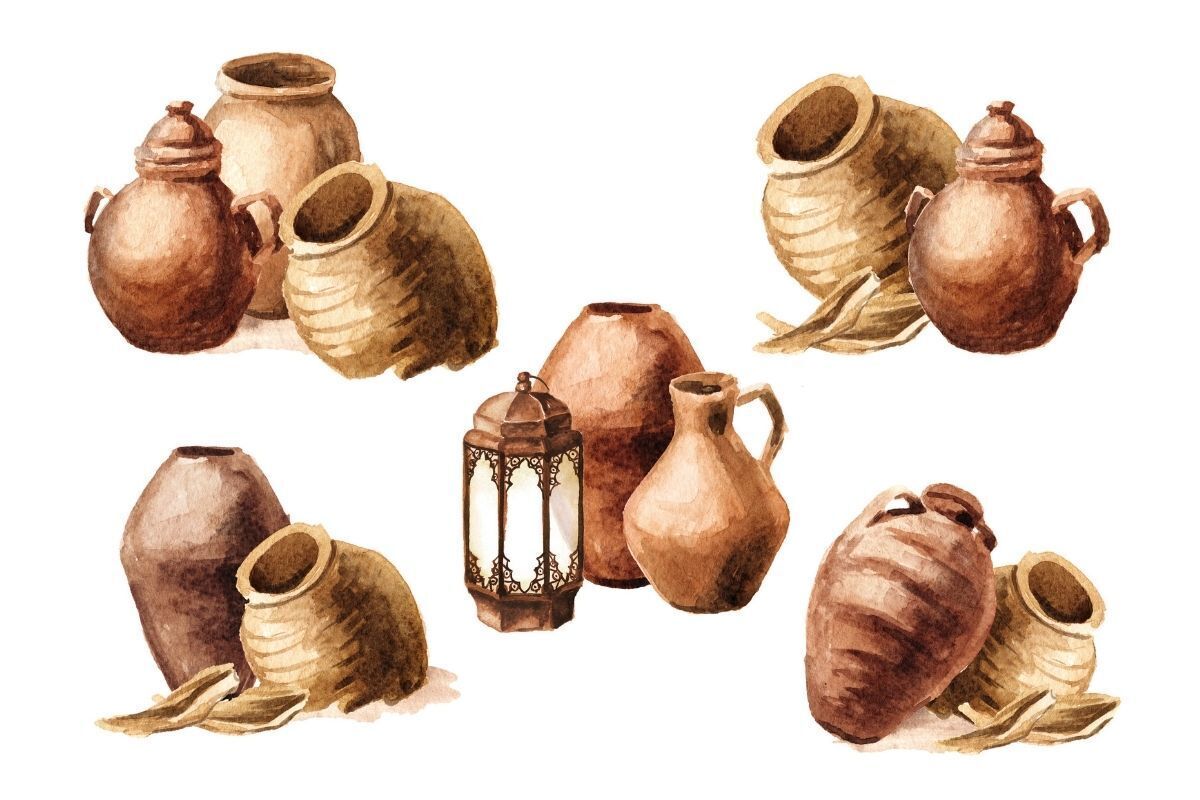 Ilustração de vários tipos de quartinhas ou cântaros de barro