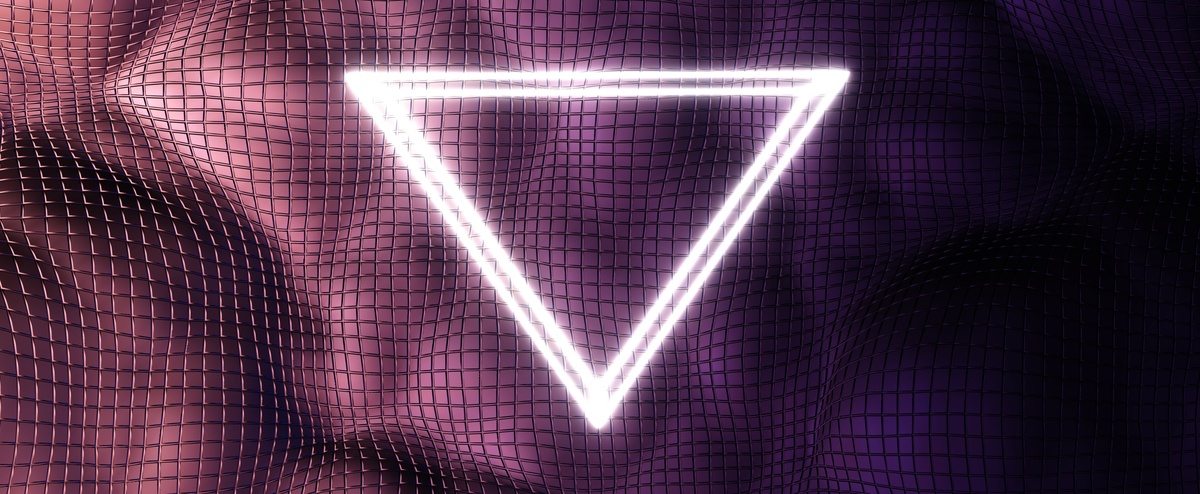 Ilustração de uma pirâmide invertida neon em um fundo roxo e rosa quadriculado