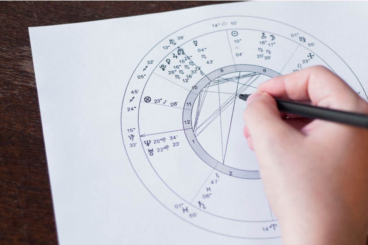 Alguém está desenhando um mapa astral em uma folha de papel