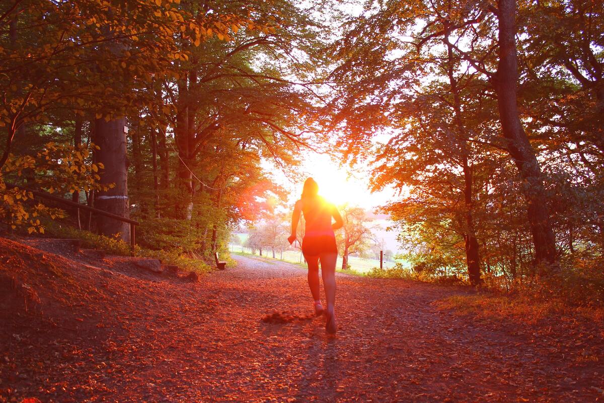 Mulher correndo em um bosque.