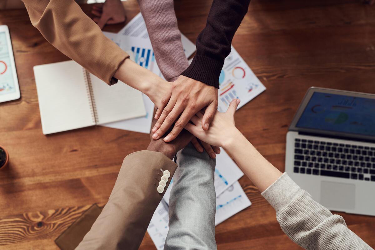 Pessoas dando as mãos; trabalho em equipe pela carta Os Pássaros