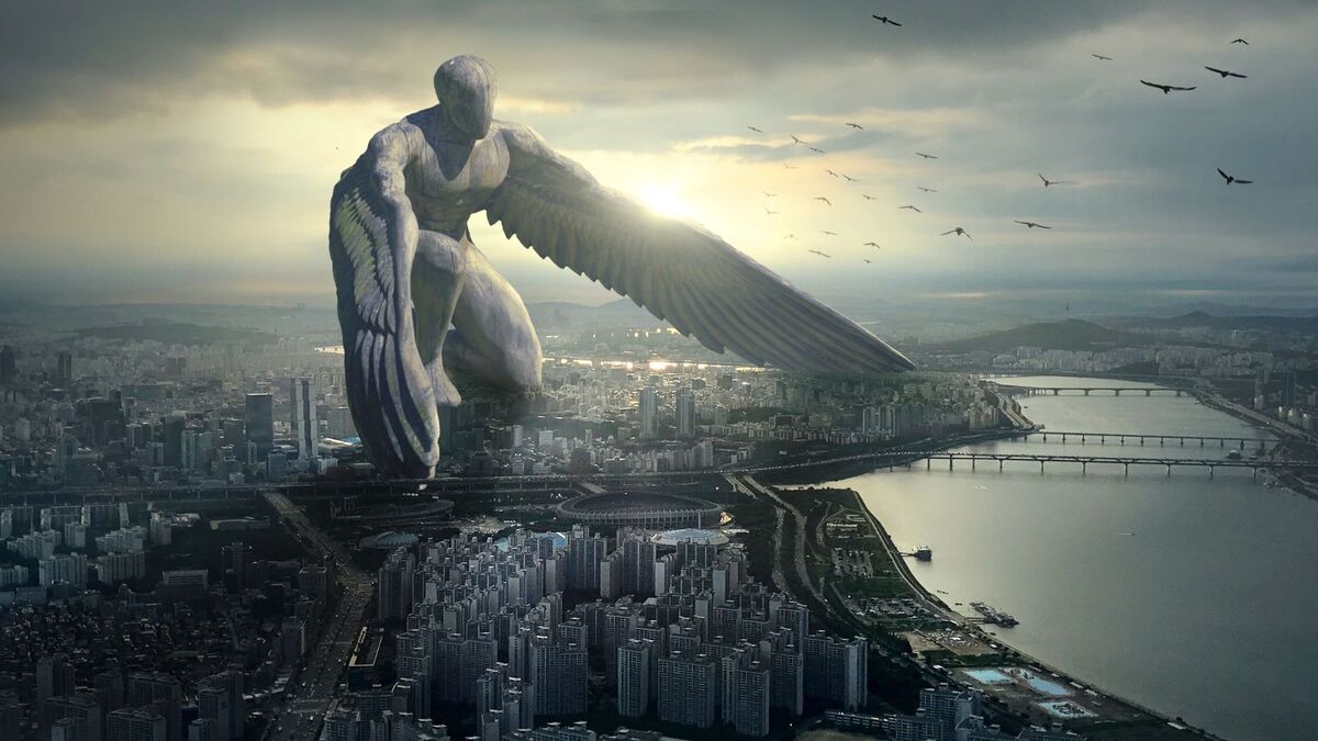 Anjo protegendo uma cidade.