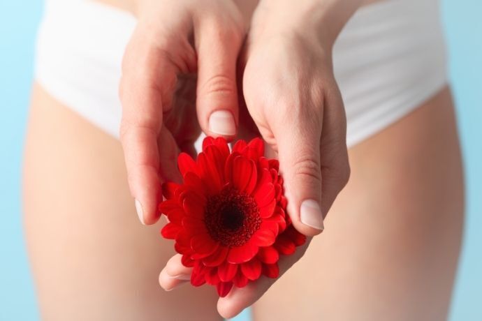 Mulher de calcinha segurando uma flor