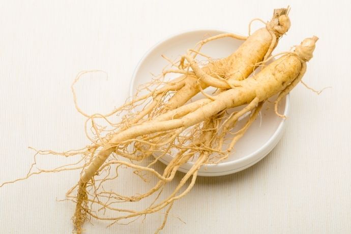 Raízes de Ginseng em pote de porcelana branca