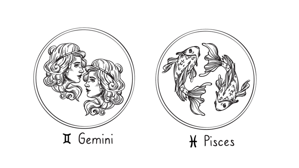 Símbolos de Gêmeos e de Peixes um ao lado do outro - as duas gêmeas olhando para direções opostas e dois peixes nadando em direções contrárias.