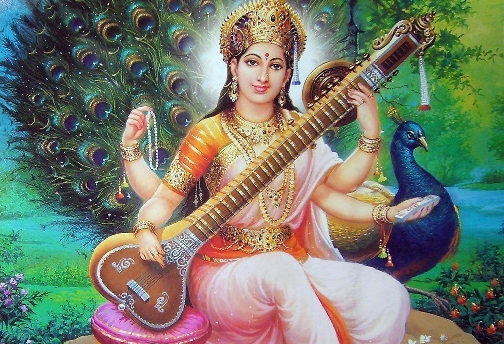 Ilustração da deusa Saraswati acompanhada por um pavão