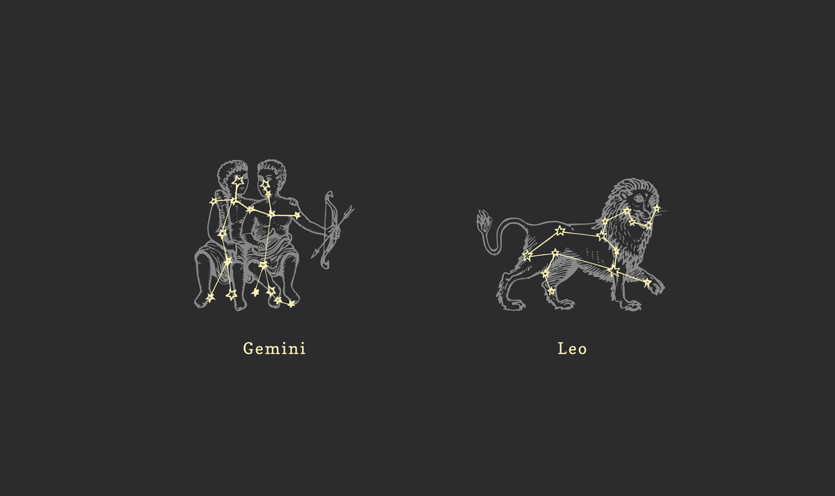 Símbolos dos signos de Gêmeos e Leão.