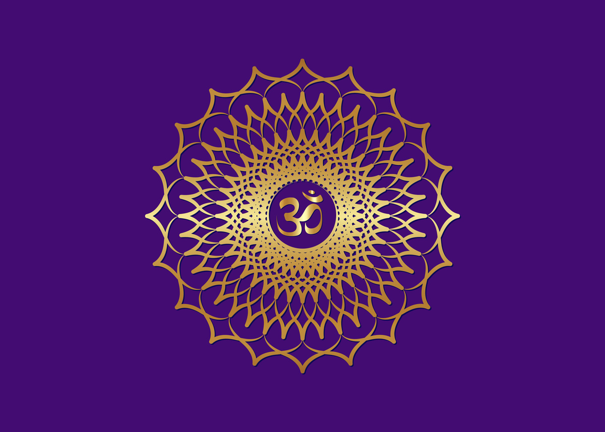 Símbolo do chakra coronário feito em dourado, com fundo violeta. 