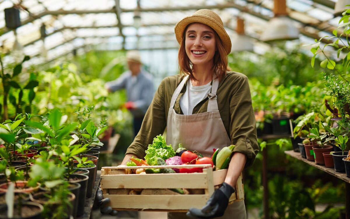 Mulher carregando cesta de frutos e vegetais colhidos de horta.