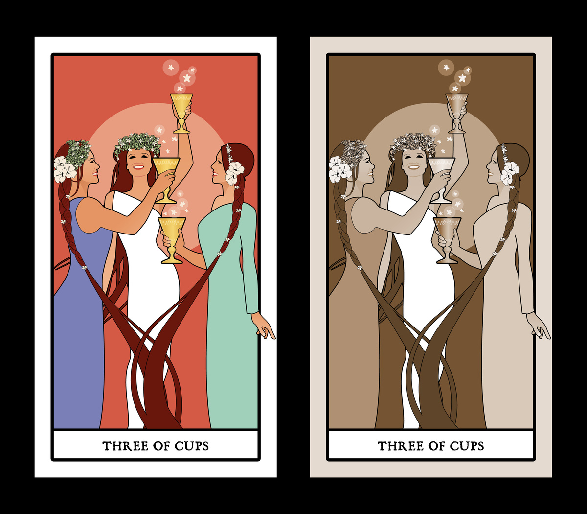 Imagem que mostra duas cartas de baralho tarot 3 de copas