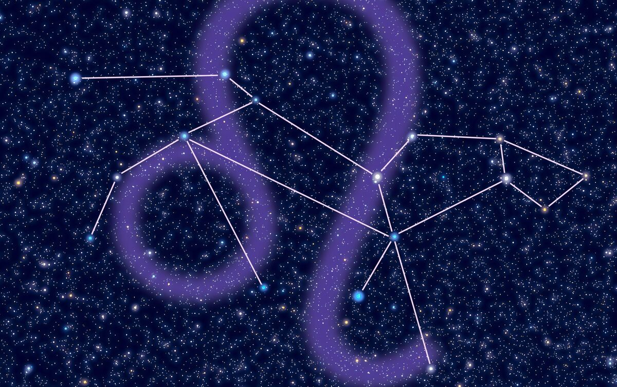 Símbolo e constelação do signo de Leão em fundo estrelado.