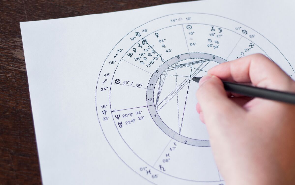 Pessoa preenchendo mapa astral ilustrado em papel.