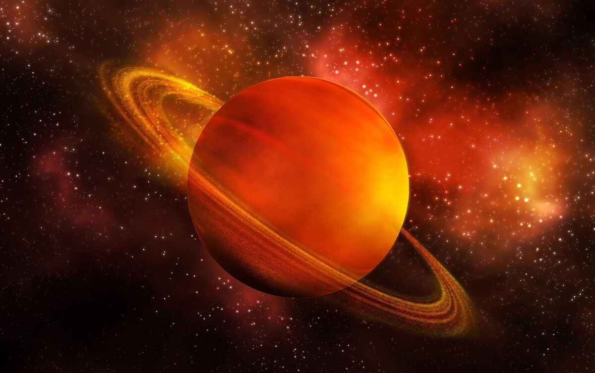 Saturno com luzes amarelas em volta.