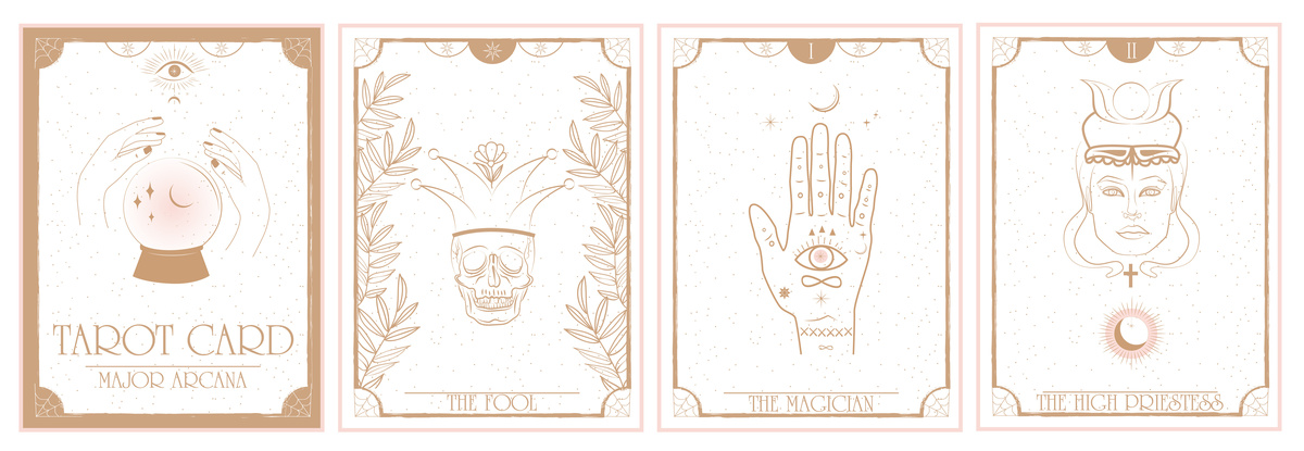 Cartas de tarô "The Fool", "The Magician" e "High Priestess"