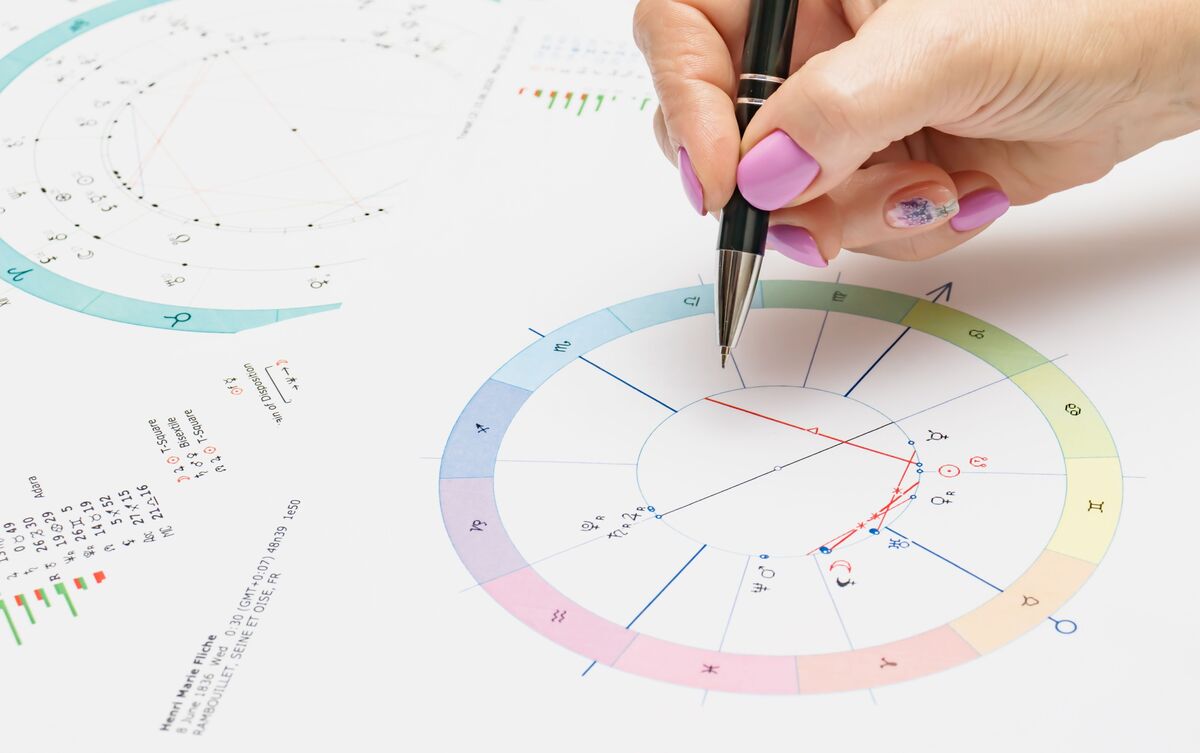 Pessoa marcando mapa astral em papel.