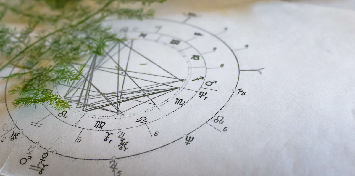 Folha contendo o mapa astral e o desenho das angulações dos posicionamentos de signos e casas, envolvendo o fundo do céu. 